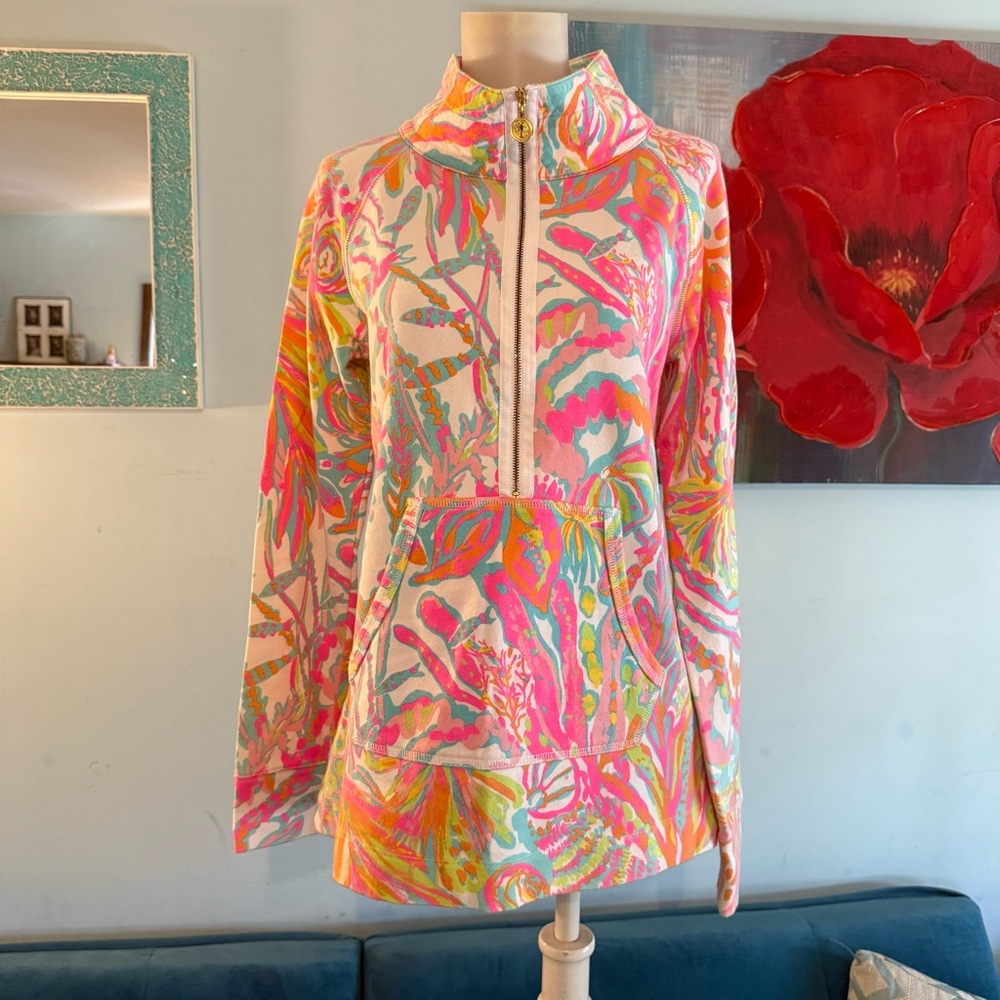 Lilly Pulitzer Skipper Popover Top Sz S Small Lovers Coral UPF 1/2 Zip Resort
